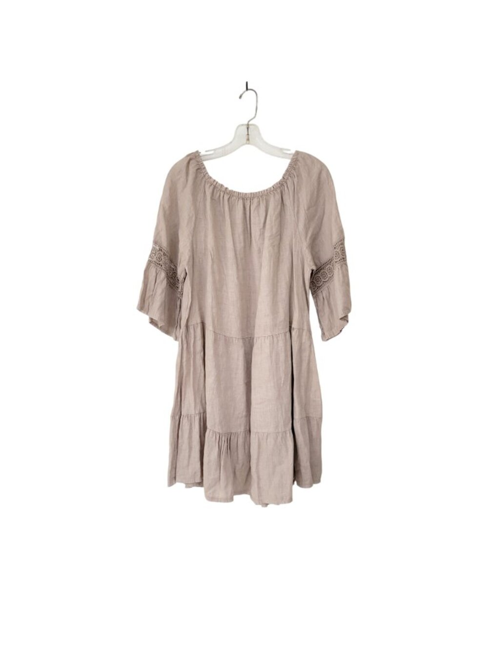 Terzo Millennio Beige Linen Dress With Bell Sleeves & Crochet Inserts Size L Mad - Picture 3 of 7